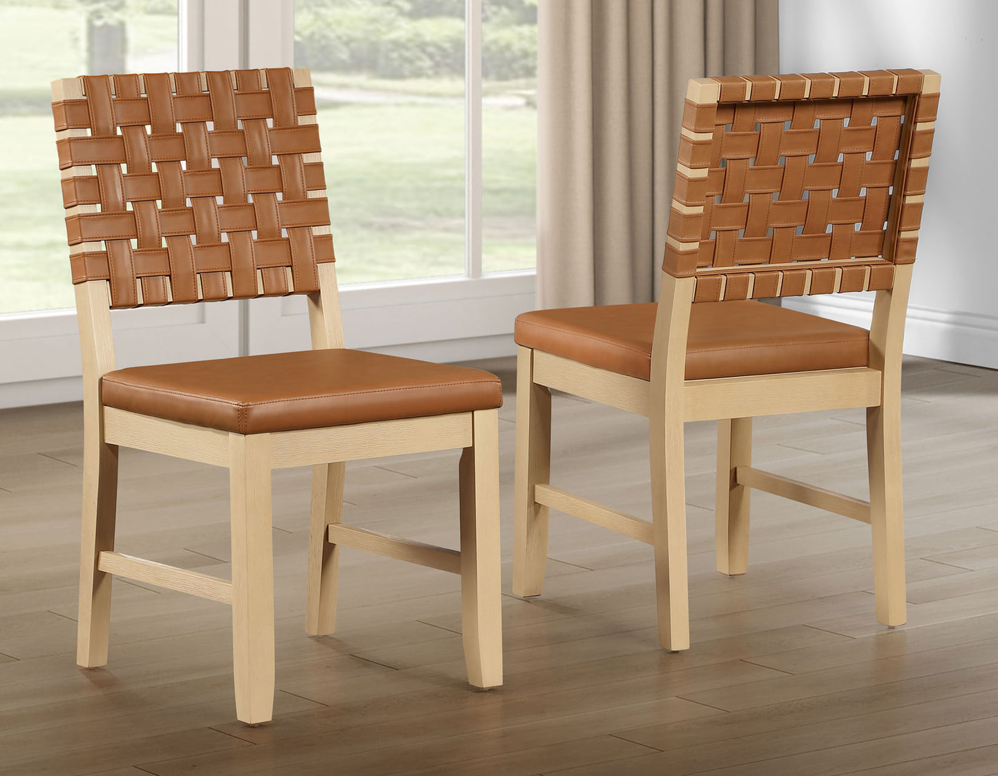 Reid 5-Piece 77-95″ Dining Set, Sand Finish with Camel Vegan Leather
