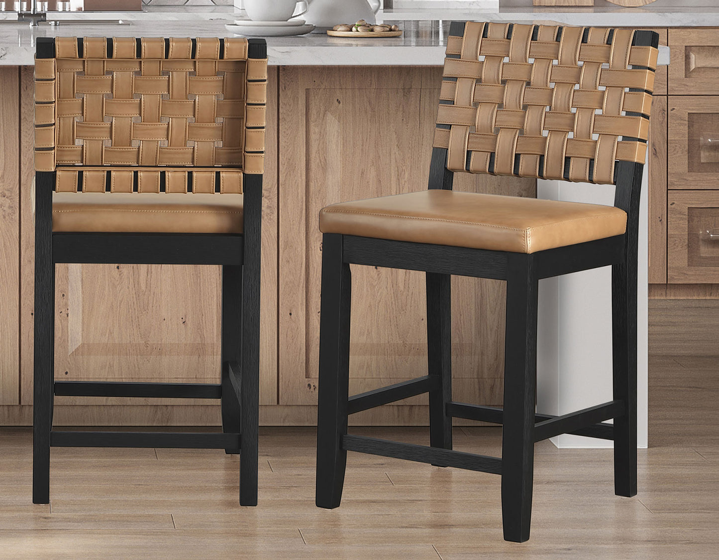 Reid Saddle Brown Camel Vegan Leather 24″ Counter Chair, Black Finish