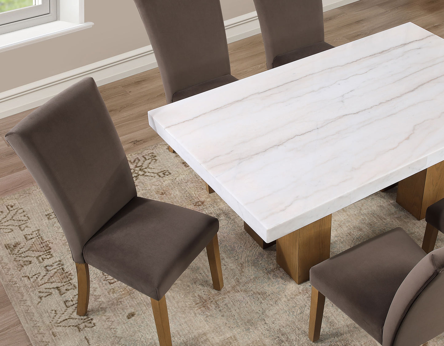 Artemis 70in White Marble Dining Table, Sand Finish