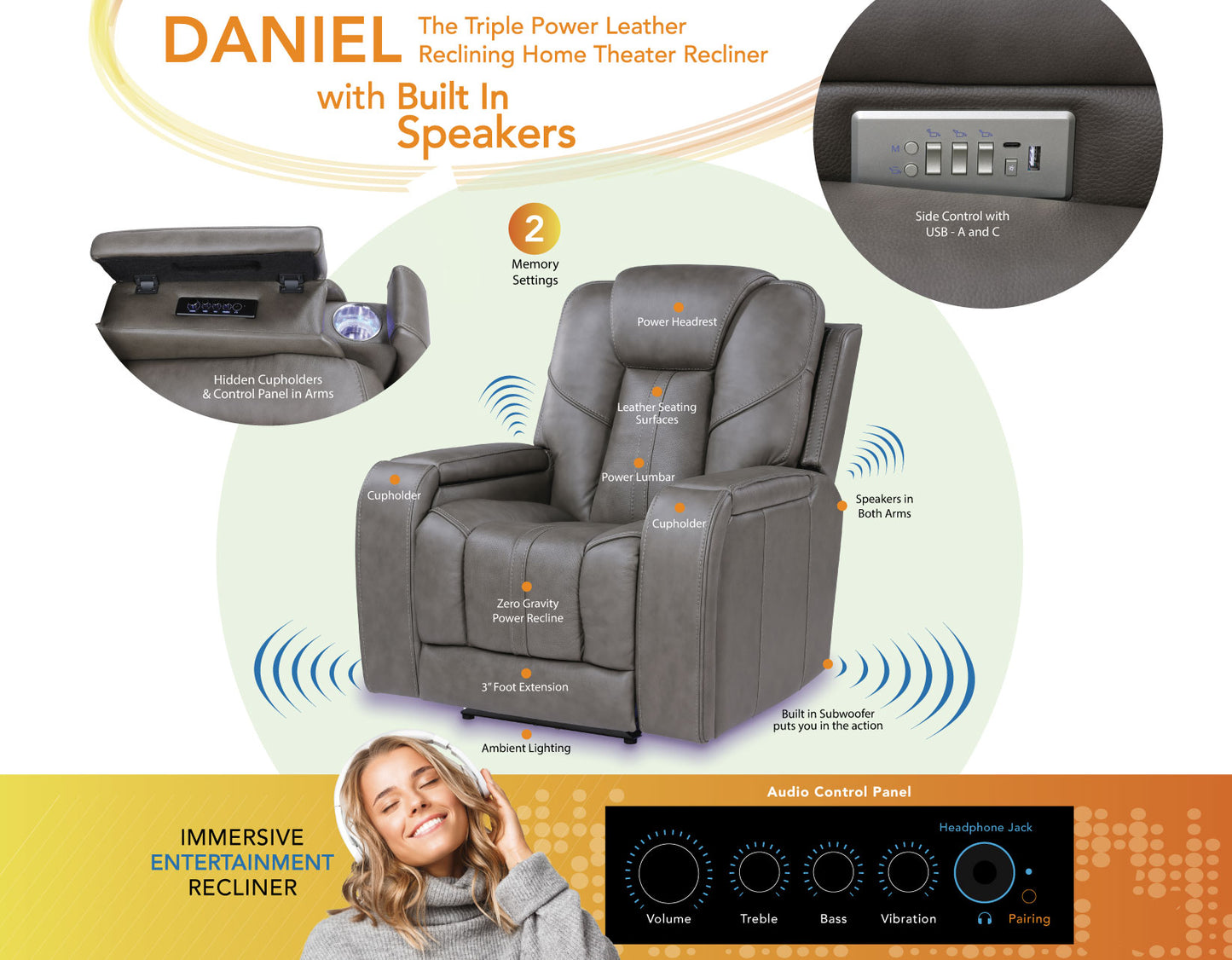 Daniel Triple Power Home Theater Immersive Entertainment Reclining Set, Leather

87″ Sofa, Drop-Down Console
75″ Console Loveseat
Recliner
