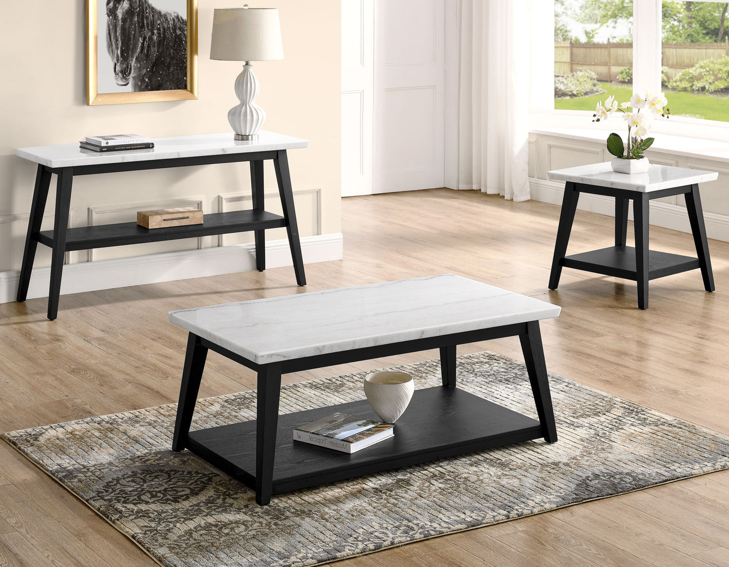 Vida, Cocktail Table, White Marble Top, Castered, Black