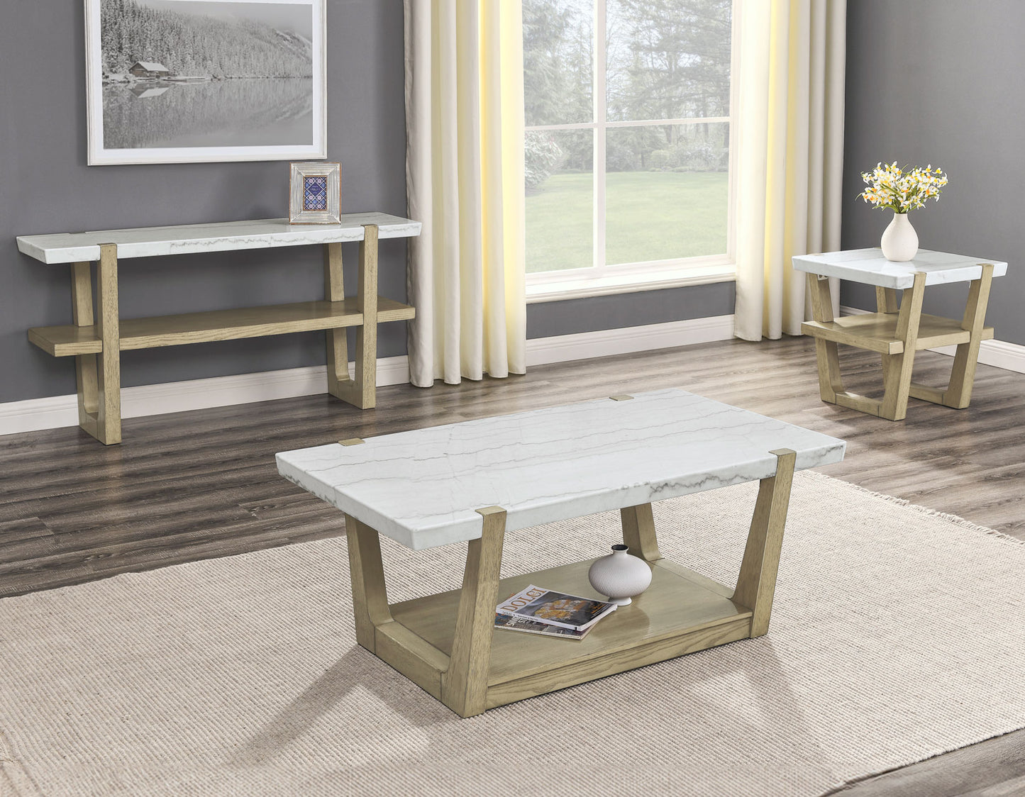 Perth, Cocktail Table, White Marble Top, Castered