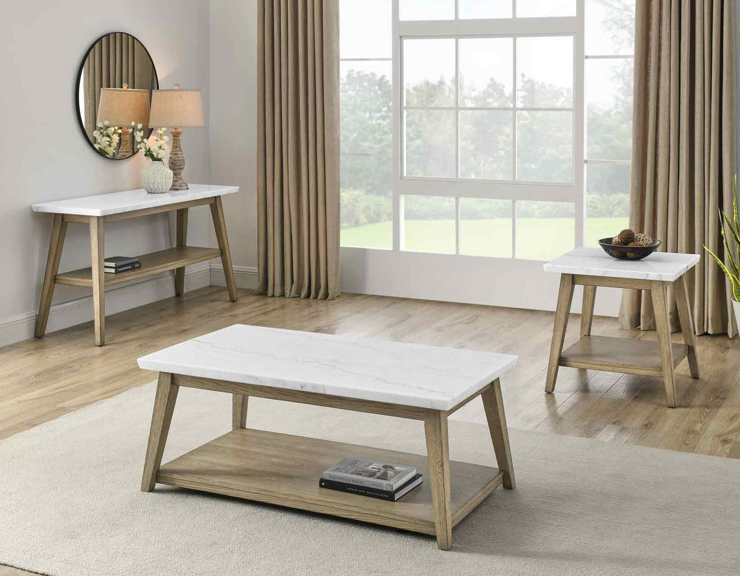 Vida, Cocktail Table, White Marble Top, Castered, Blonde