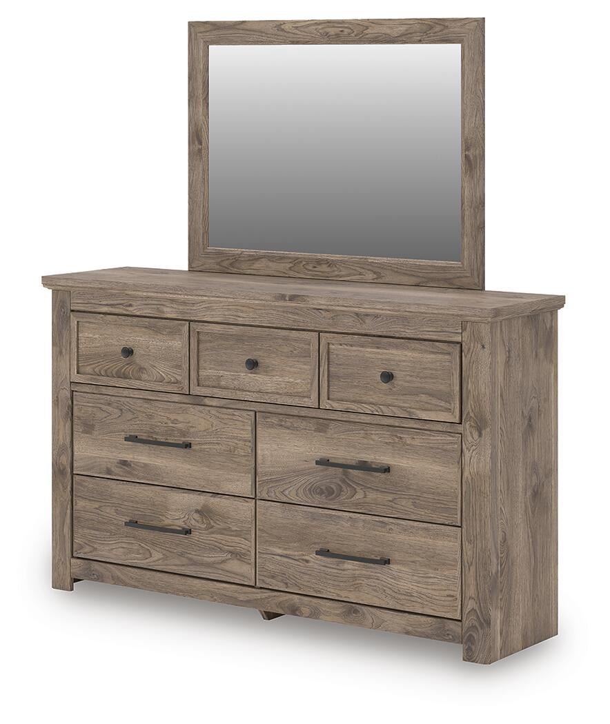 Rusticott Queen Poster Bed with Mirrored Dresser