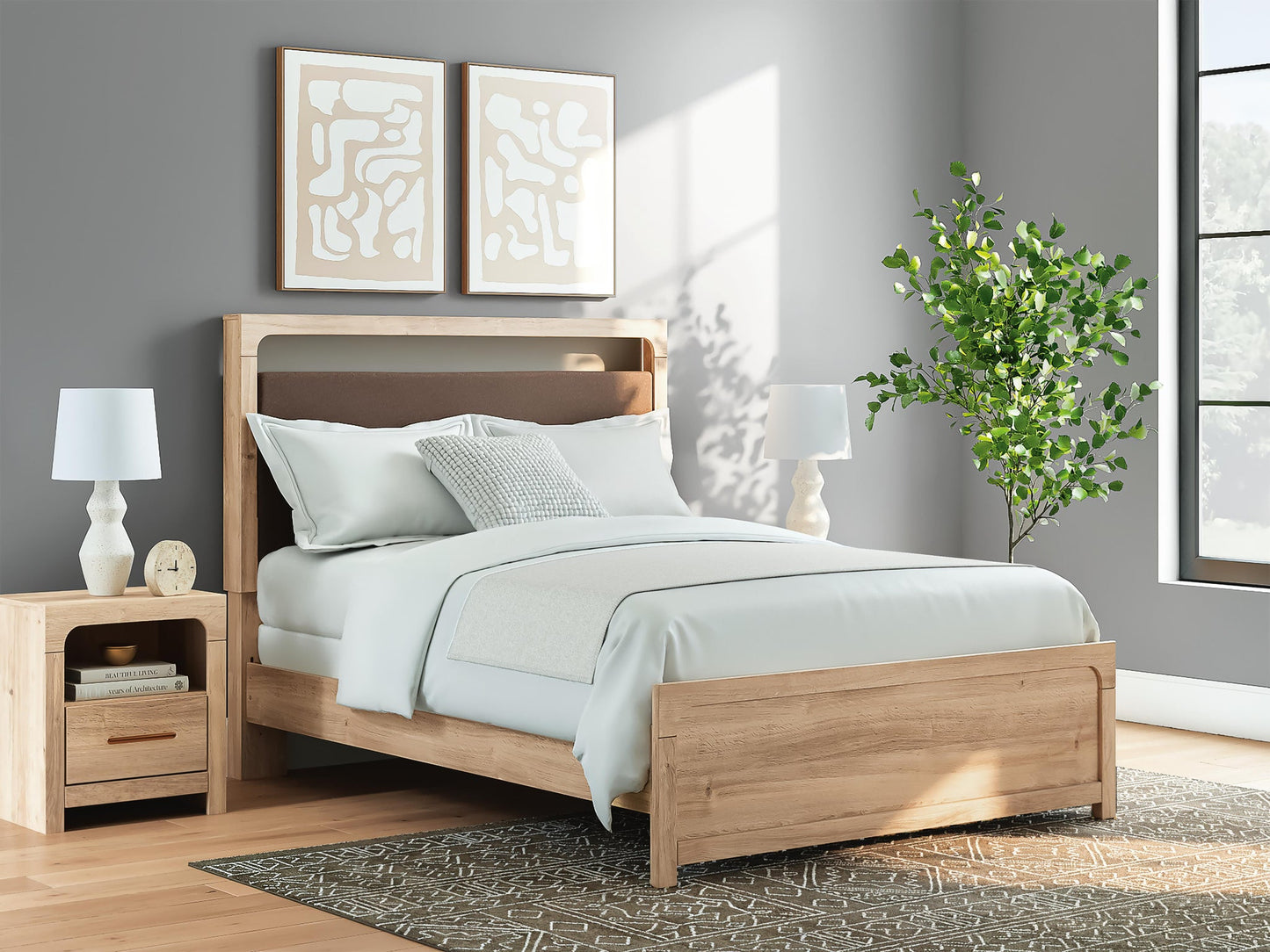 Kinlanni Queen Upholstered Panel Bed, Dresser and Mirror