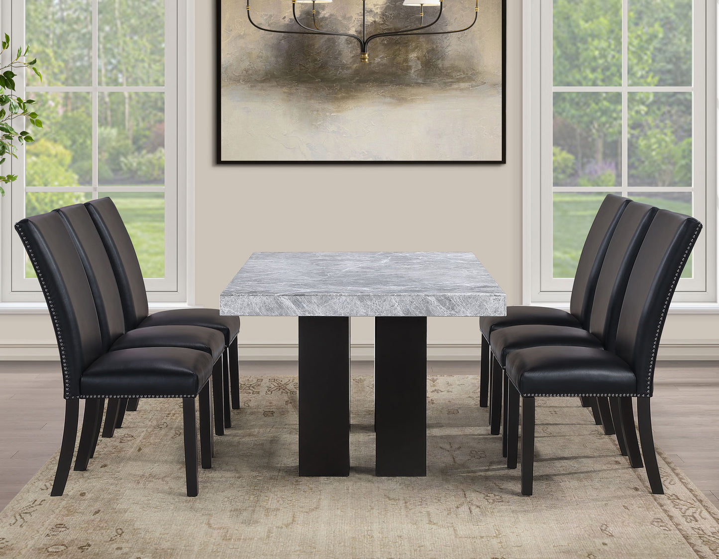 Artemis 5-Piece 70″ Rect Gray Marble Table, Black Finish w/4 Black Vegan Leather Chairs