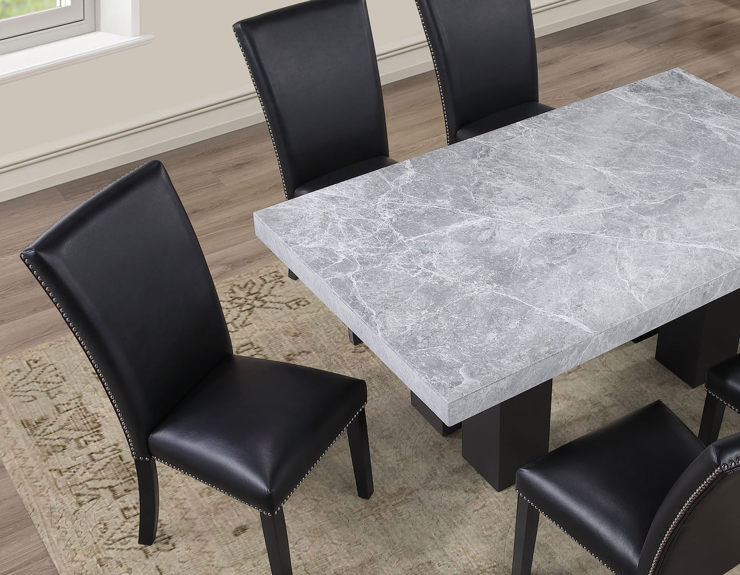 Artemis 5-Piece 70″ Rect Gray Marble Table, Black Finish w/4 Black Vegan Leather Chairs