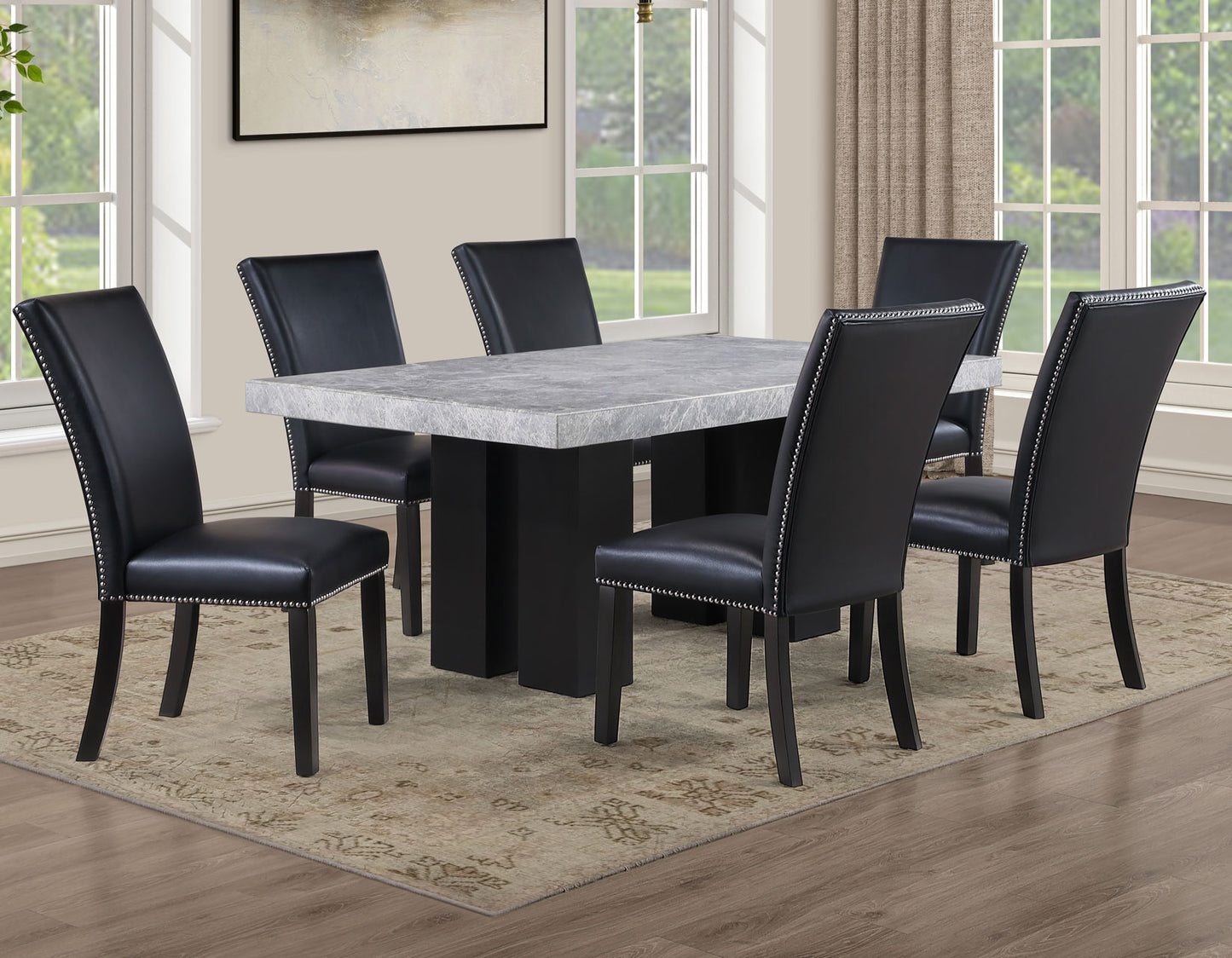 Artemis 5-Piece 70″ Rect Gray Marble Table, Black Finish w/4 Black Vegan Leather Chairs