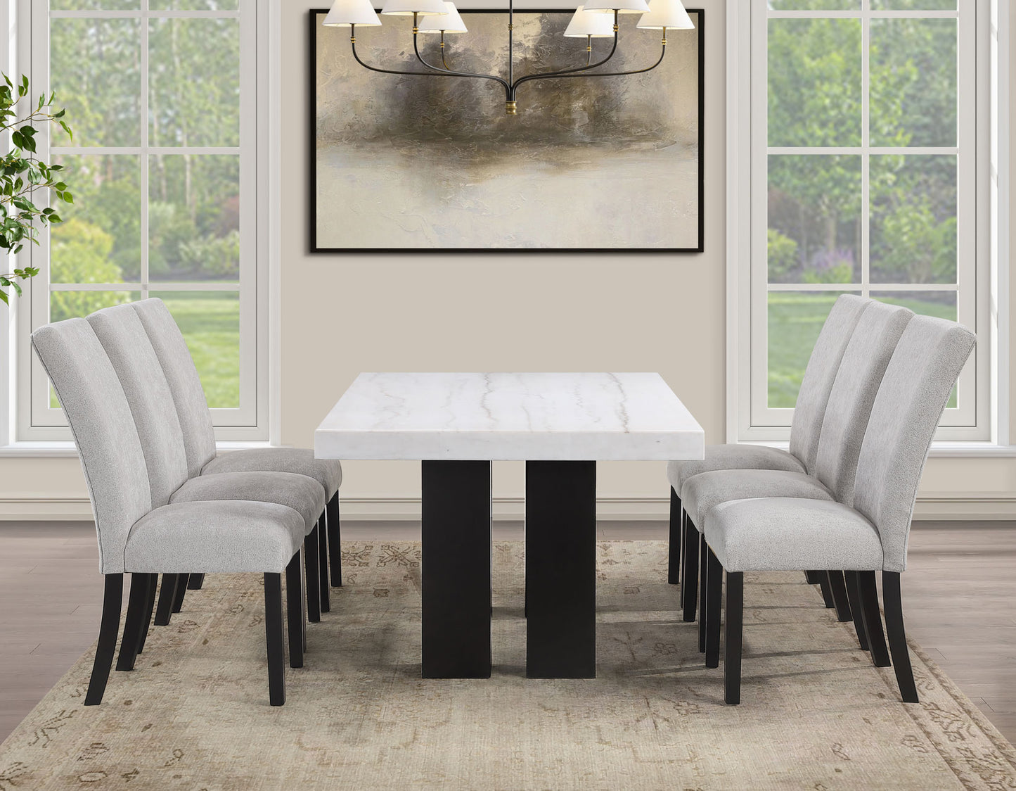 Artemis 5 Piece 70″ Rect White Marble Table, Black Finish w/4 Gray Chenille Chairs