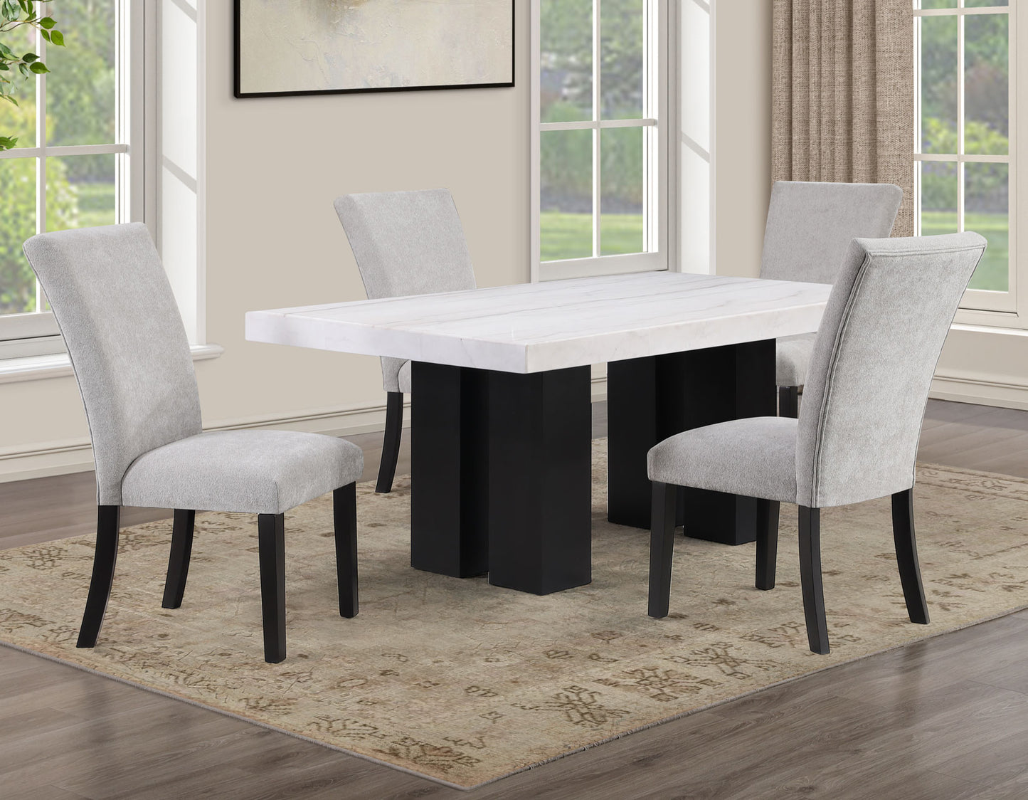 Artemis 5 Piece 70″ Rect White Marble Table, Black Finish w/4 Gray Chenille Chairs