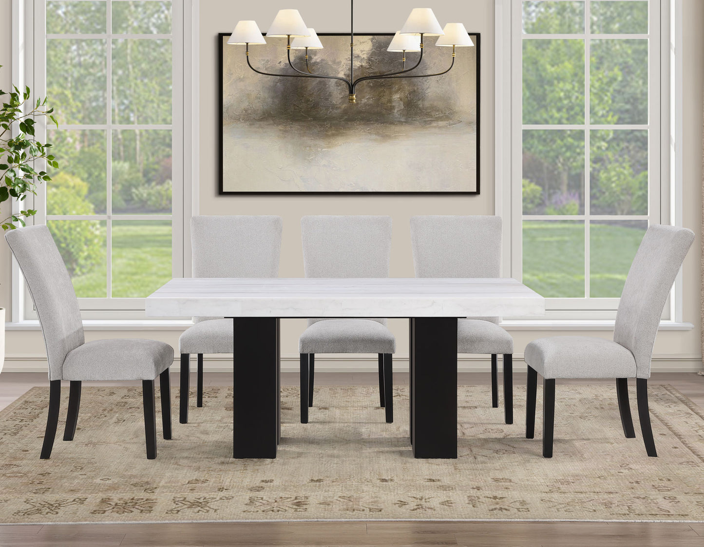Artemis 5 Piece 70″ Rect White Marble Table, Black Finish w/4 Gray Chenille Chairs