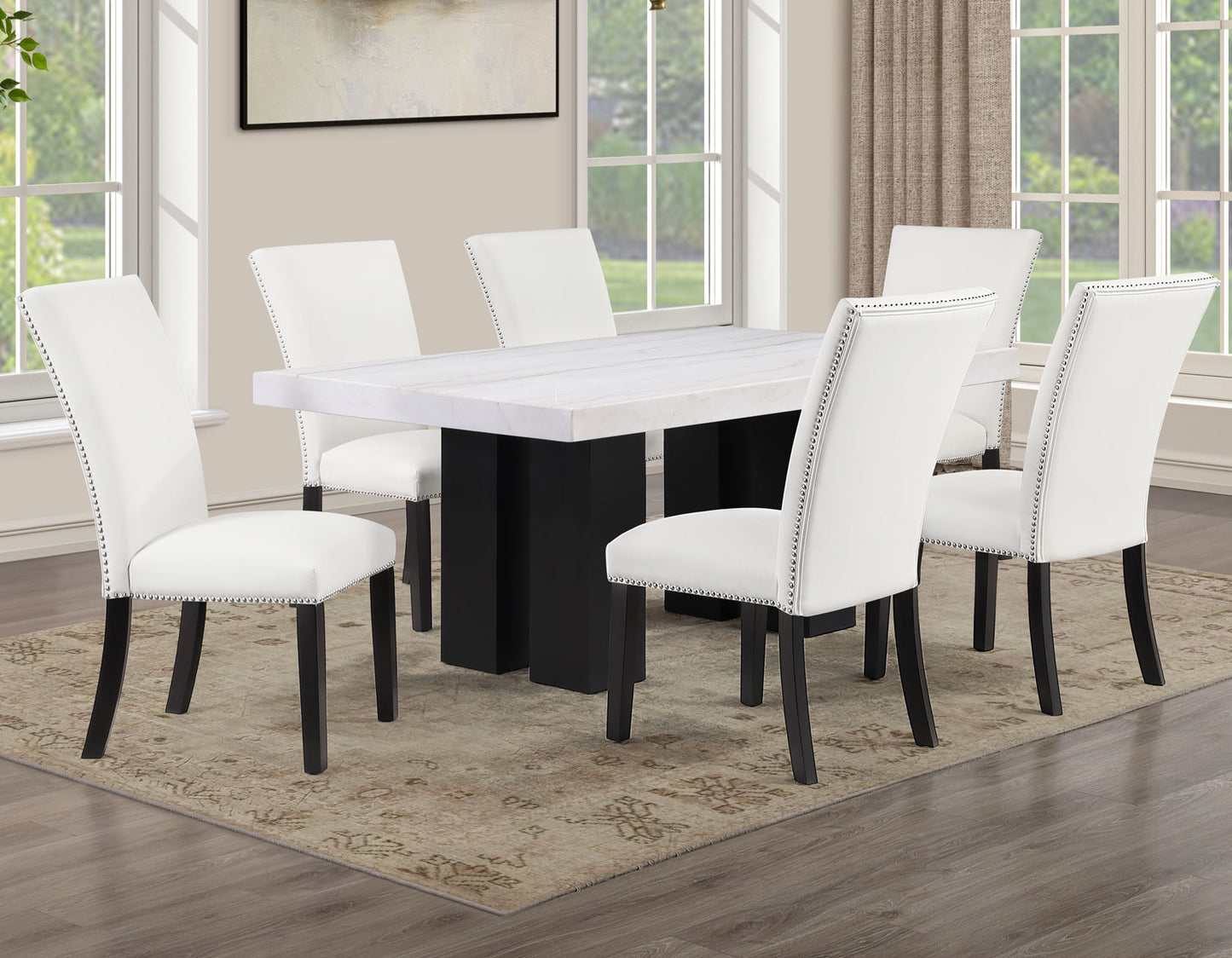 Artemis 5-Piece 70″ Rect White Marble Table, Black Finish w/4 White Vegan Leather Chairs