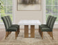 Artemis 70″ Rect White Marble Table, Tan Finish w/4 Green Velvet Chairs