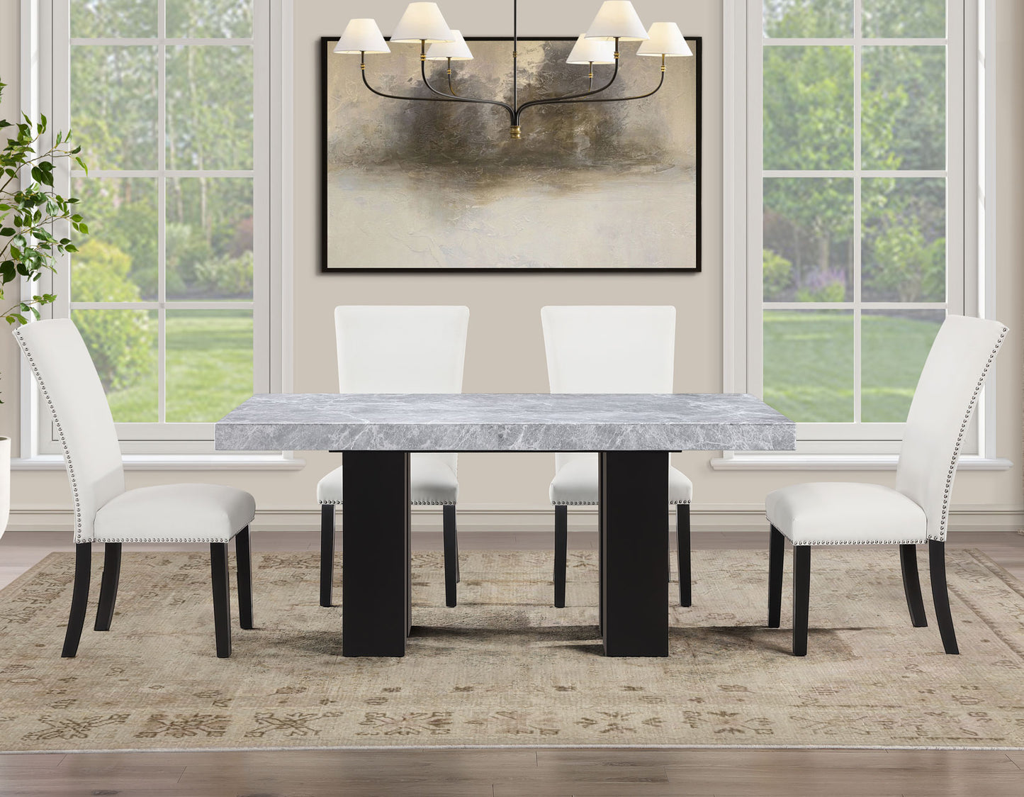 Artemis 5-Piece 70″ Rect Gray Marble Table, Black Finish w/4 White Vegan Leather Chairs