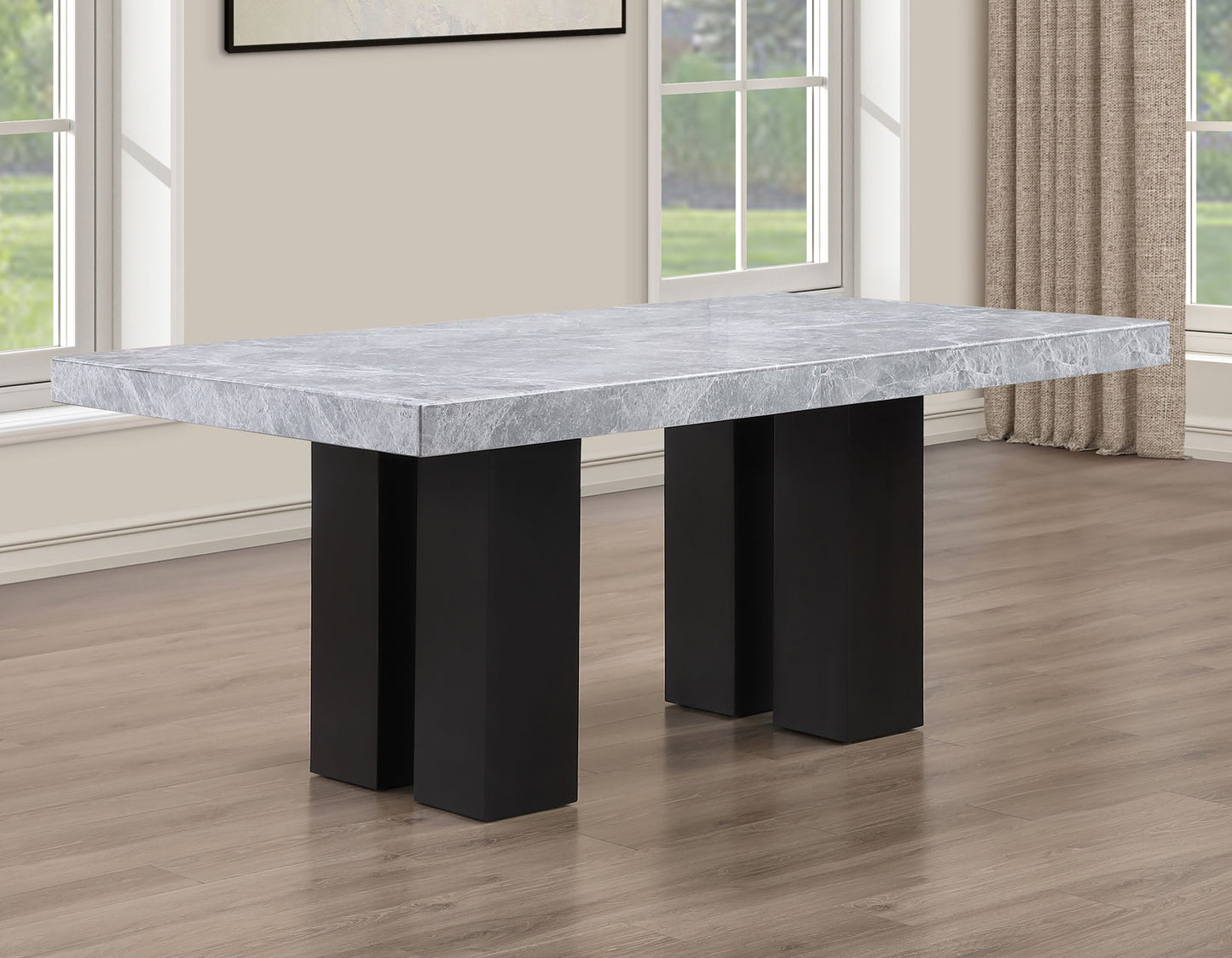 Artemis 5-Piece 70″ Rect Gray Marble Table, Black Finish w/4 White Vegan Leather Chairs
