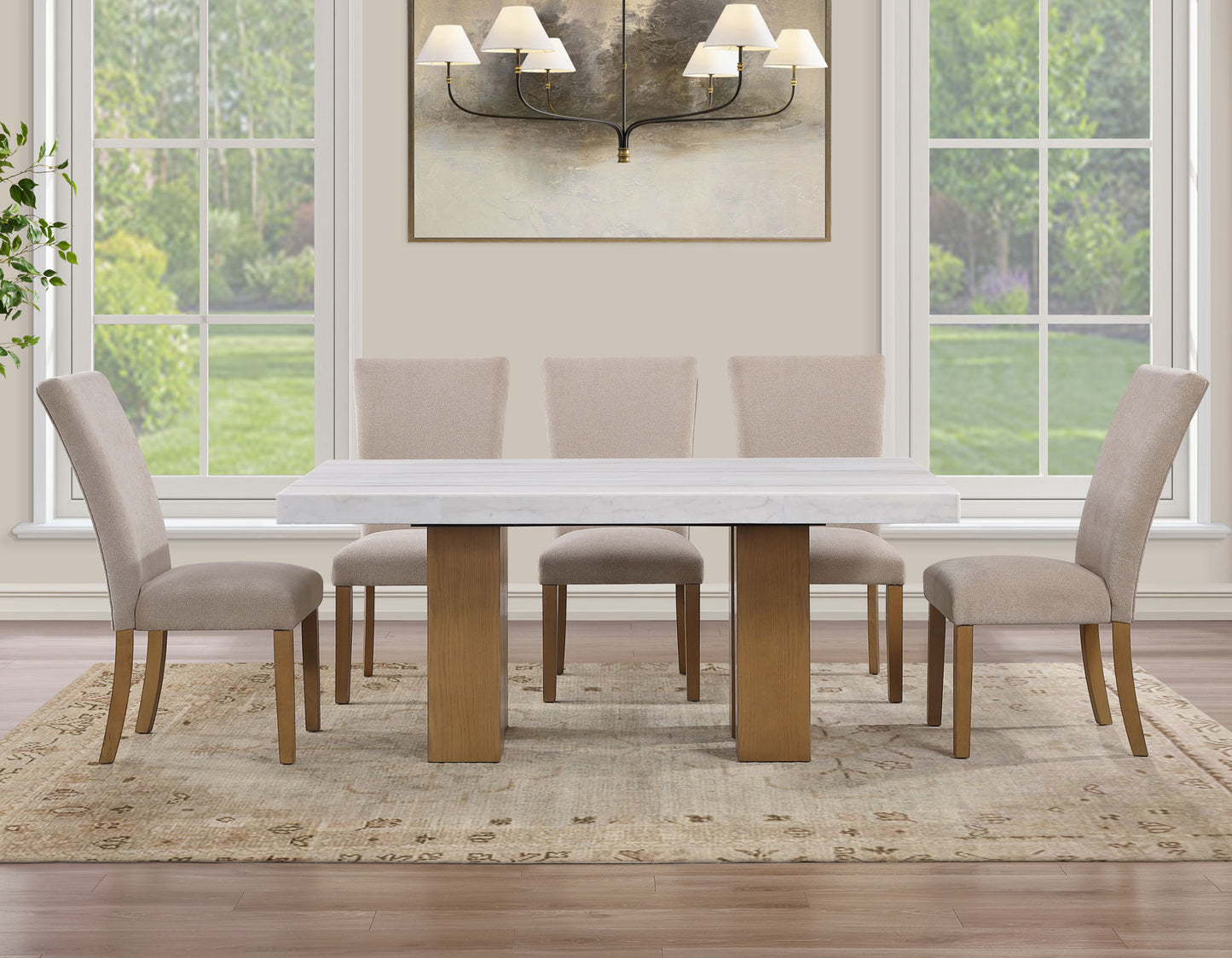 Artemis 5 Piece 70″ Rect White Marble Table, Tan Finish w/4 Beige Chenille Chairs