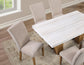Artemis 5 Piece 70″ Rect White Marble Table, Tan Finish w/4 Beige Chenille Chairs