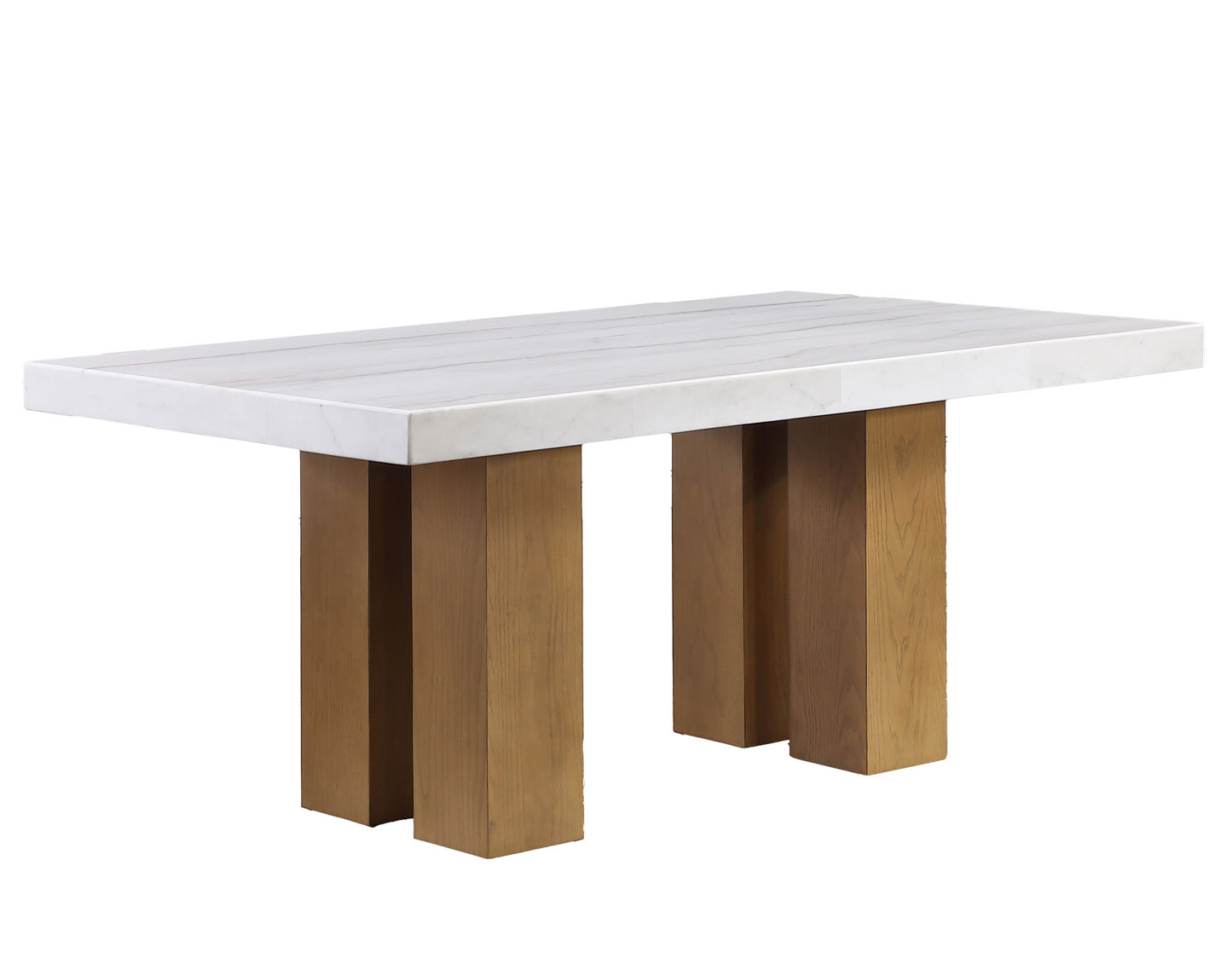 Artemis 5 Piece 70″ Rect White Marble Table, Tan Finish w/4 Beige Chenille Chairs
