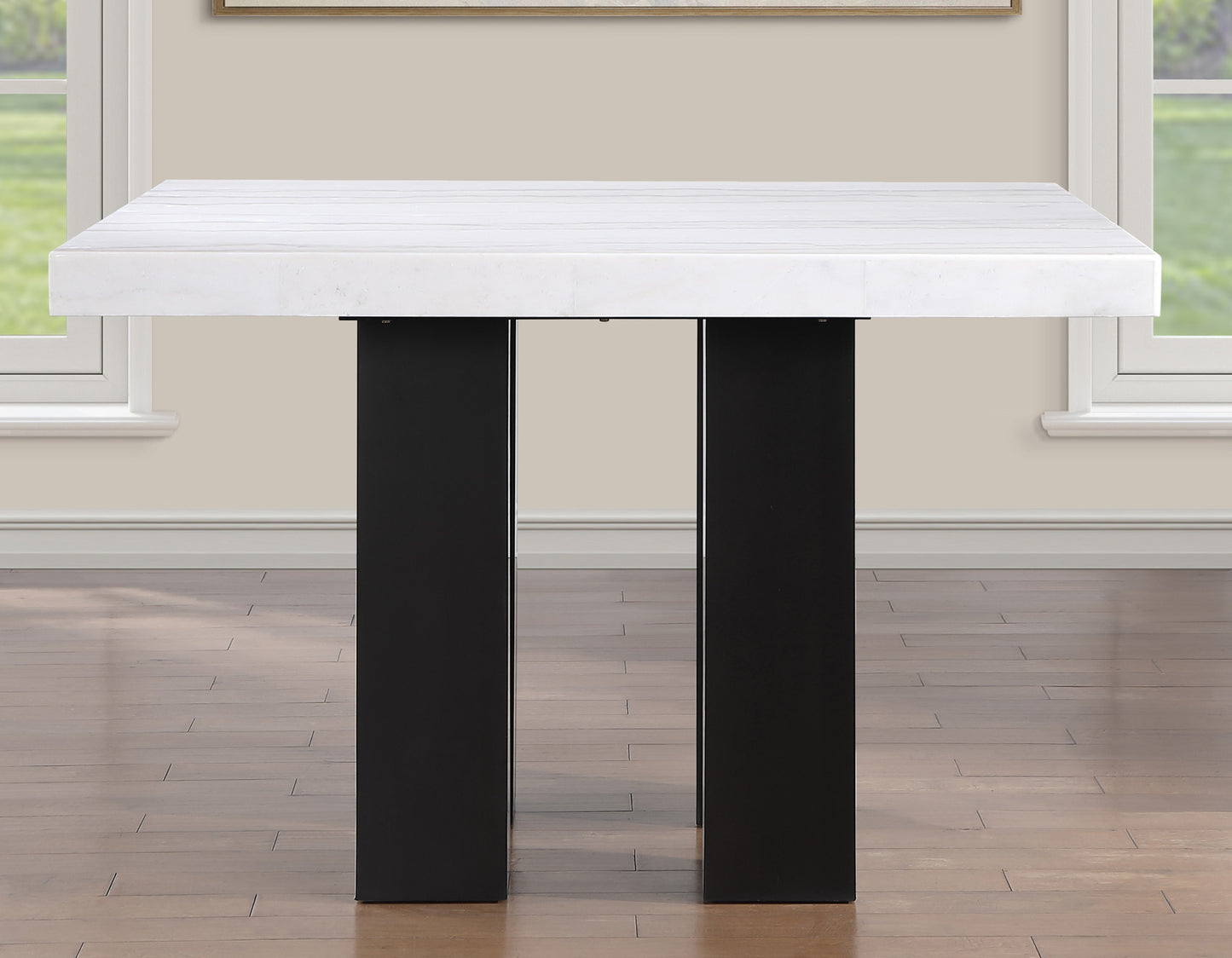 Artemis 5-piece 54″ Square White Marble Counter Table with 4 Gray Chenille Counter Chairs