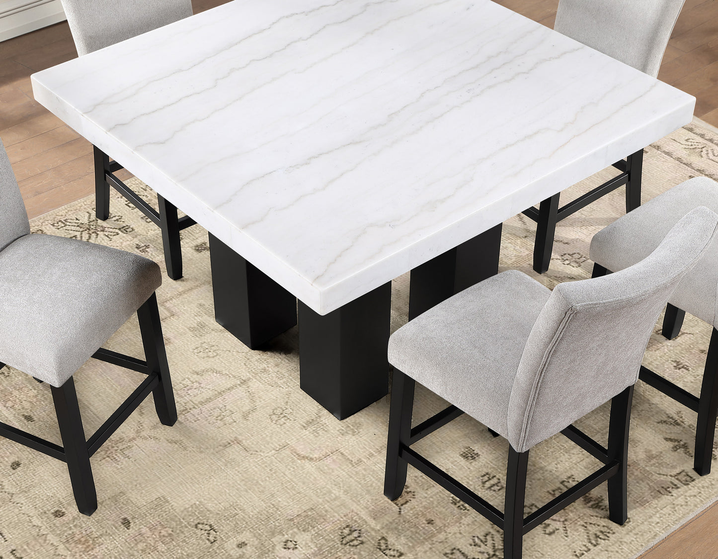 Artemis 5-piece 54″ Square White Marble Counter Table with 4 Gray Chenille Counter Chairs