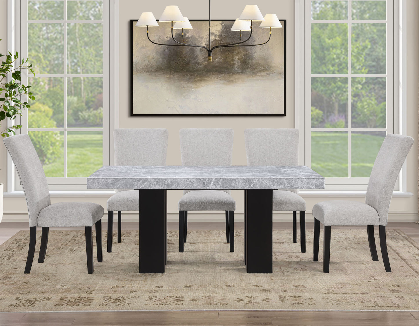 Artemis 5 Piece 70″ Rectangular Gray Marble Table, Black Finish with 4 Gray Chenille Chairs