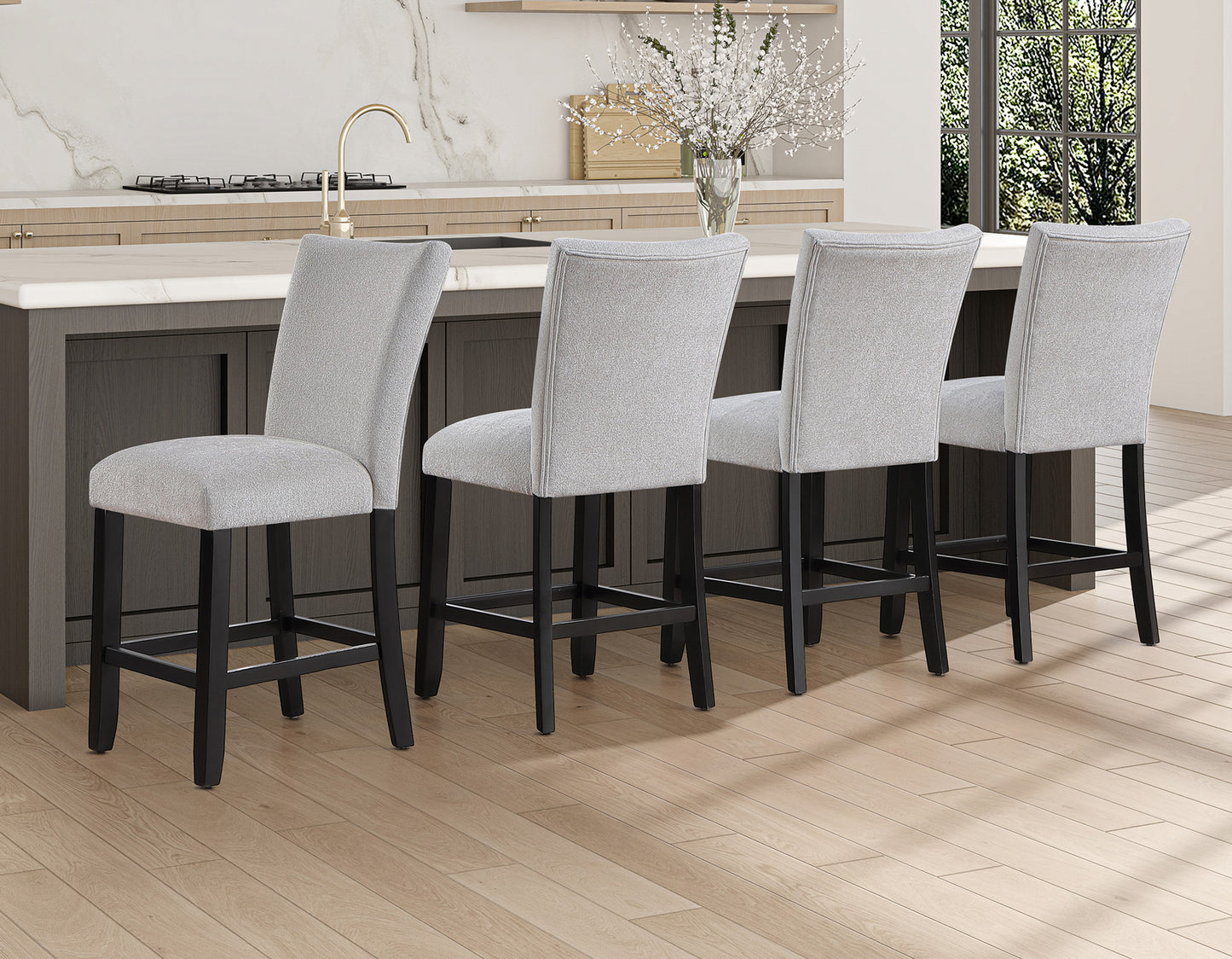 Artemis 5-piece 54″ Square White Marble Counter Table with 4 Gray Chenille Counter Chairs