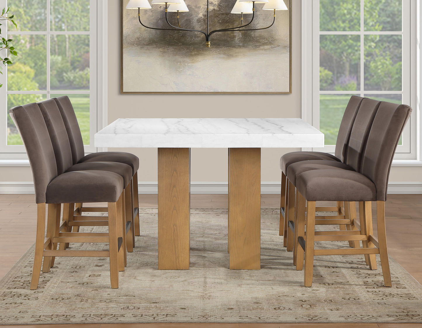 Artemis 5-Piece 54″ Square White Marble Counter Table, Sand Finish w/4 Brown Velvet Counter Chairs (Copy)