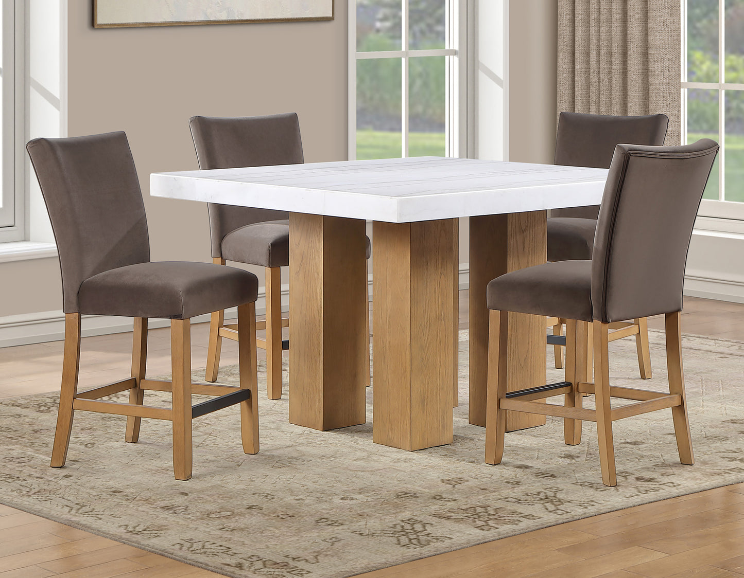 Artemis 5-Piece 54″ Square White Marble Counter Table, Sand Finish w/4 Brown Velvet Counter Chairs (Copy)