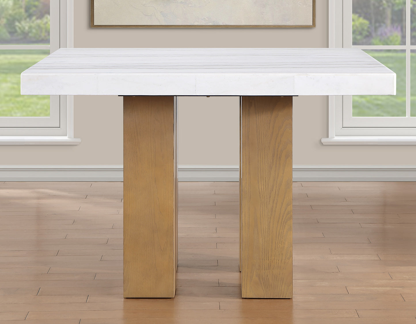 Artemis 5-Piece 54″ Square White Marble Counter Table, Sand Finish w/4 Brown Velvet Counter Chairs (Copy)