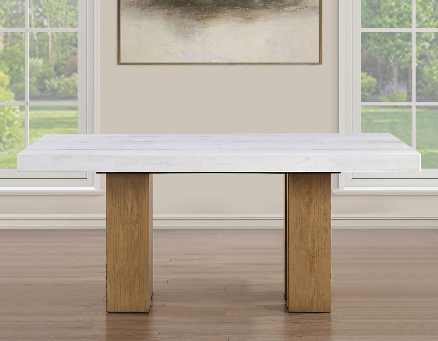 Artemis 70″ Rect White Marble Table, Tan Finish with 4 Brown Velvet Chairs
