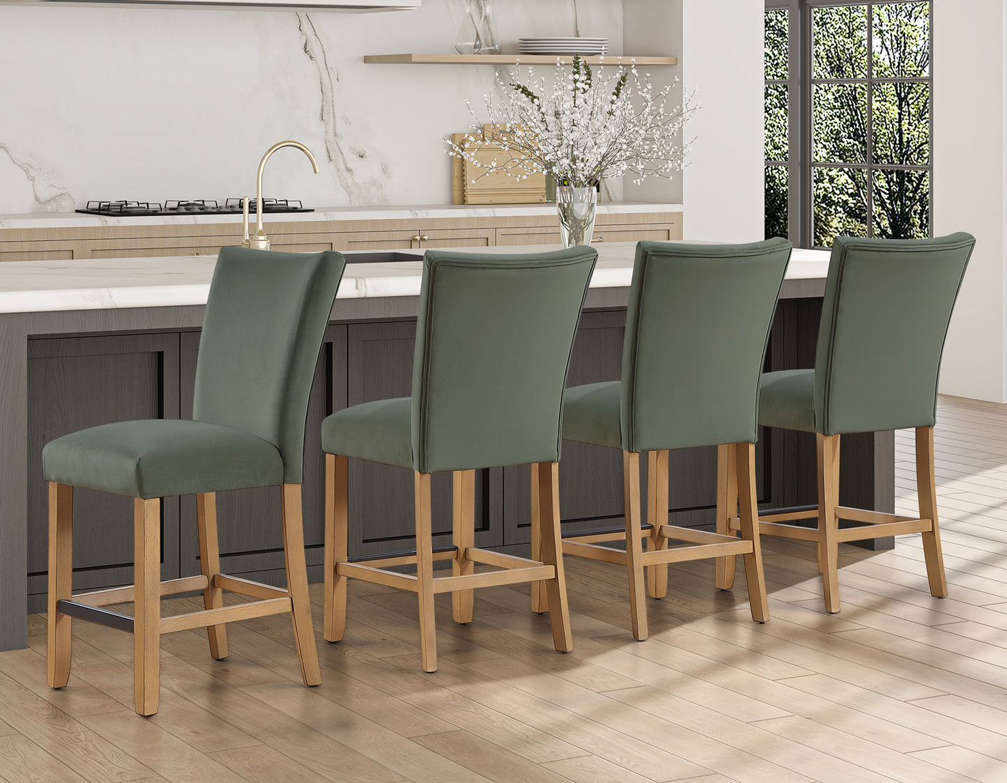 Artemis 5-Piece 54″ Square White Marble Counter Table, Sand Finish w/4 Green Velvet Counter Chairs