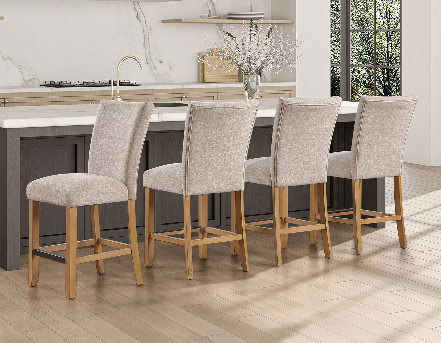 Artemis 5 Piece 54″ Square White Marble Counter Table, Tan Finish w/4 Beige Chenille Counter Chairs