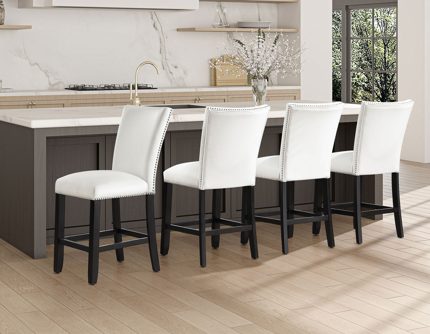Artemis 5-piece 54″ Square White Marble Counter Table with 4 Artemis White Vegan Leather Counter Chairs