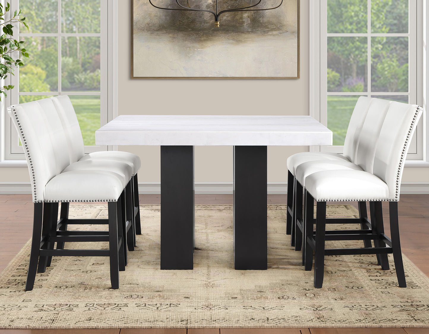 Artemis 5-piece 54″ Square White Marble Counter Table with 4 Artemis White Vegan Leather Counter Chairs