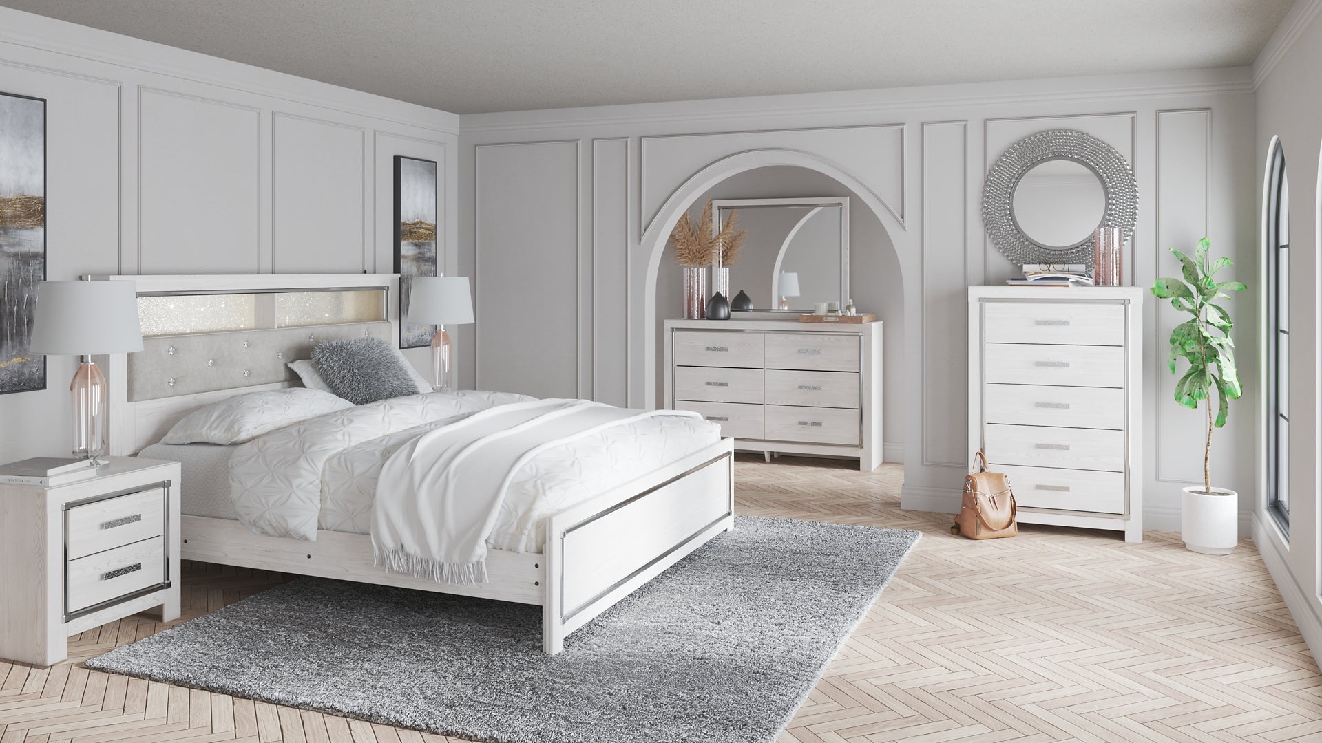 Altyra King Panel Bookcase Bed with Mirrored Dresser Smyrna Furniture Outlet
