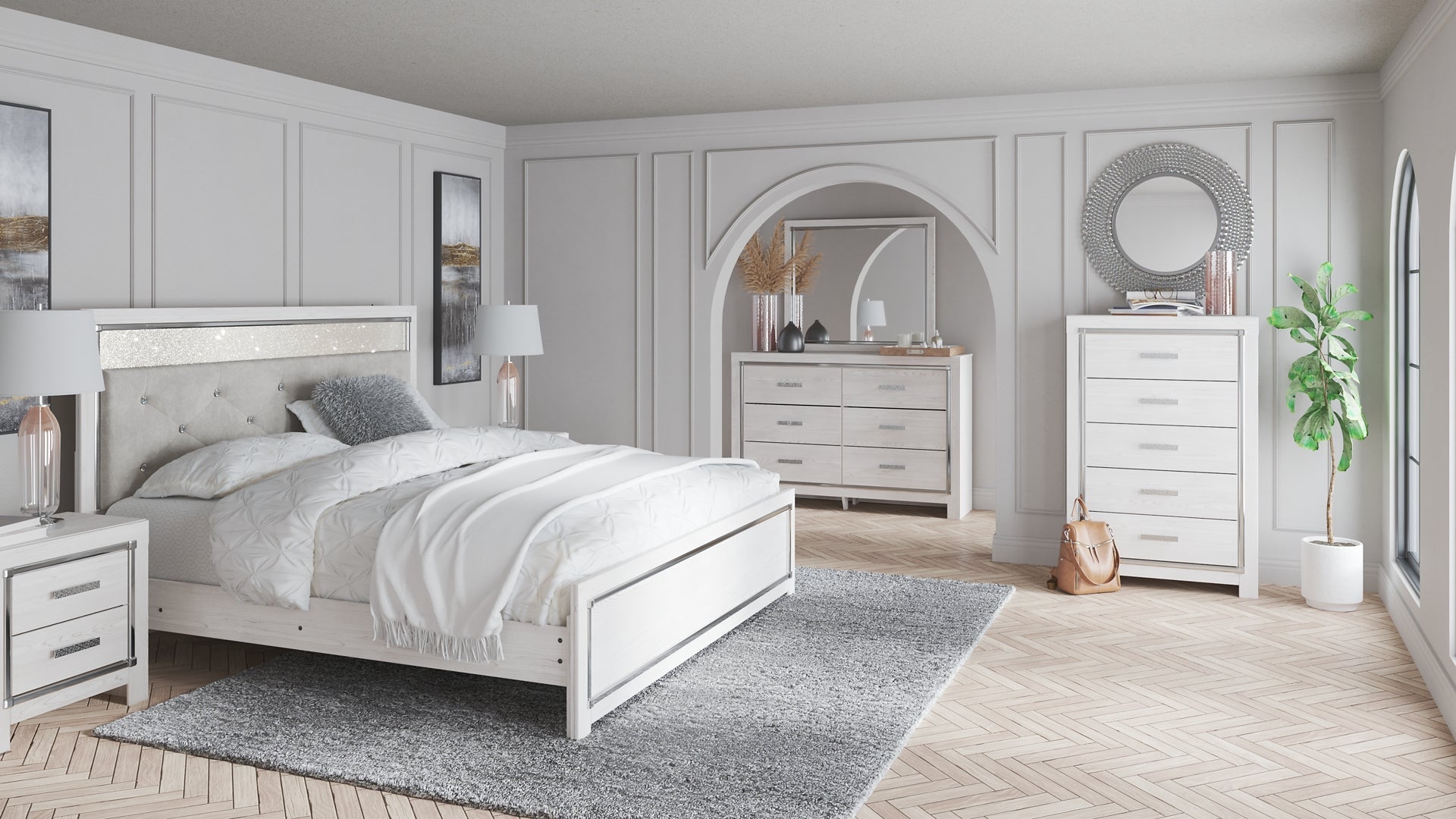 Altyra King Panel Headboard with Mirrored Dresser, Chest and 2 Nightstands Smyrna Furniture Outlet