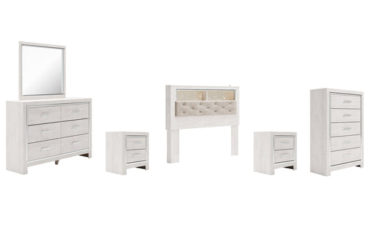 Altyra Queen Bookcase Headboard with Mirrored Dresser, Chest and 2 Nightstands Smyrna Furniture Outlet
