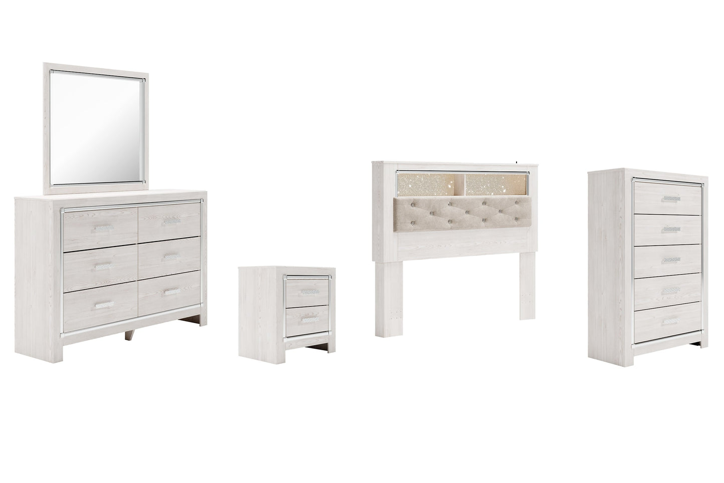 Altyra Queen Bookcase Headboard with Mirrored Dresser, Chest and Nightstand Smyrna Furniture Outlet