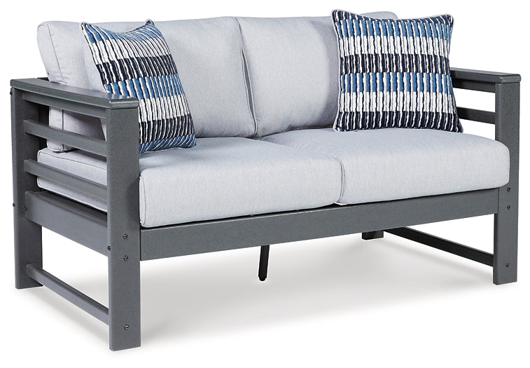 Amora Outdoor Sofa and Loveseat with Coffee Table and 2 End Tables Smyrna Furniture Outlet