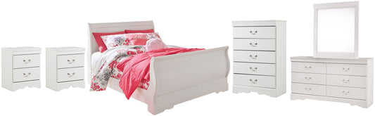 Anarasia Full Sleigh Bed with Mirrored Dresser, Chest and 2 Nightstands Smyrna Furniture Outlet