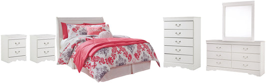 Anarasia Full Sleigh Headboard with Mirrored Dresser, Chest and 2 Nightstands Smyrna Furniture Outlet