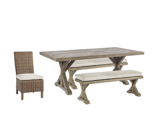 Beachcroft Outdoor Dining Table and 4 Chairs and Bench Smyrna Furniture Outlet