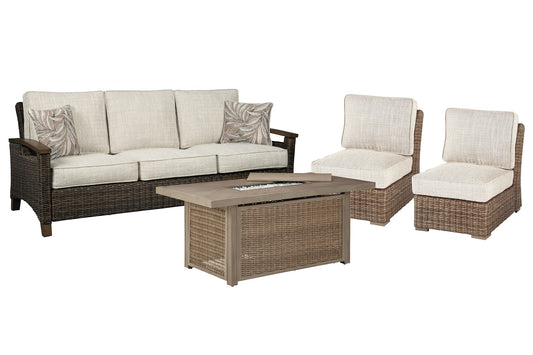 Beachcroft Outdoor Sofa and 2 Lounge Chairs with Fire Pit Table Smyrna Furniture Outlet
