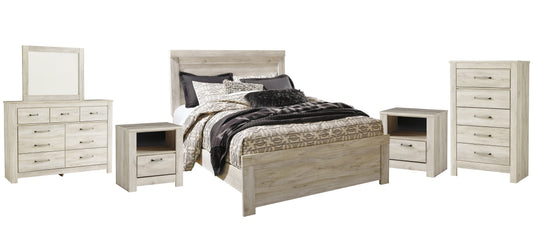 Bellaby Queen Panel Bed with Mirrored Dresser, Chest and 2 Nightstands Smyrna Furniture Outlet