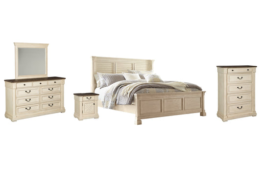 Bolanburg California King Panel Bed with Mirrored Dresser, Chest and Nightstand Smyrna Furniture Outlet