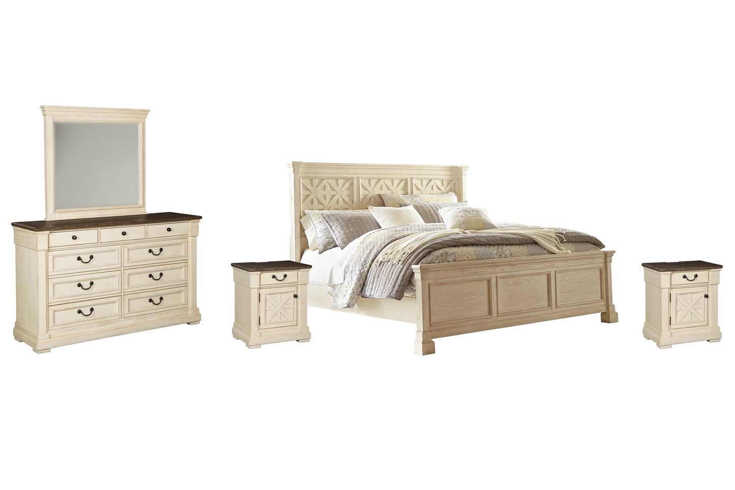 Bolanburg California King Panel Bed with Mirrored Dresser and 2 Nightstands Smyrna Furniture Outlet