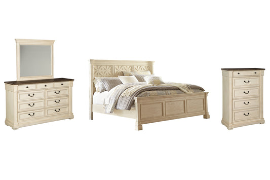 Bolanburg California King Panel Bed with Mirrored Dresser and Chest Smyrna Furniture Outlet