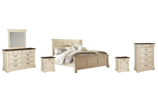 Bolanburg King Panel Bed with Mirrored Dresser, Chest and 2 Nightstands Smyrna Furniture Outlet