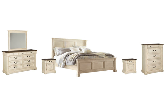 Bolanburg King Panel Bed with Mirrored Dresser, Chest and 2 Nightstands Smyrna Furniture Outlet