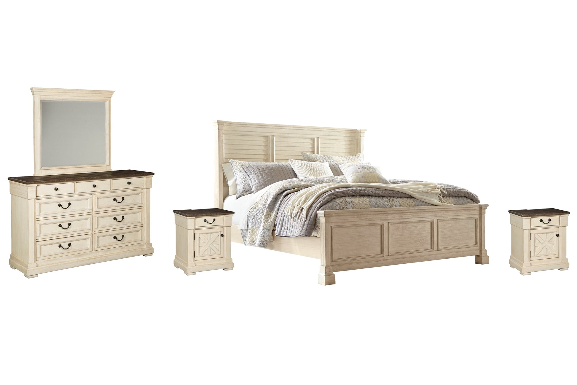 Bolanburg King Panel Bed with Mirrored Dresser and 2 Nightstands Smyrna Furniture Outlet